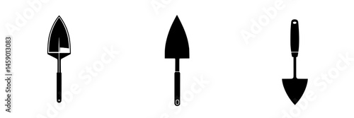 Collection of flat black gardening trowel icons for tools and equipment applications in landscaping and horticulture