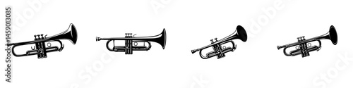 Flat black icon of trumpets arranged in a row showcasing musical instruments commonly used in orchestras and bands
