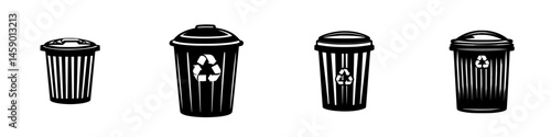 Collection of flat black icons representing different types of trash and recycling bins in a minimalistic style for waste management