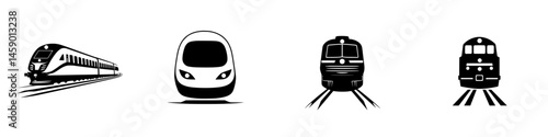 Different styles of train icons displayed in a flat black design showcasing various types of trains on a minimalist background