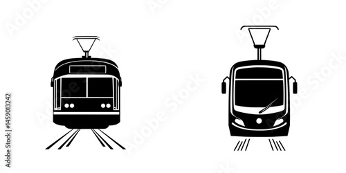 Flat black icons representing public transportation vehicles on tracks showing front views and simplified designs