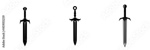 Flat black icon designs of various swords featuring distinct hilt shapes and blades in a minimalist style