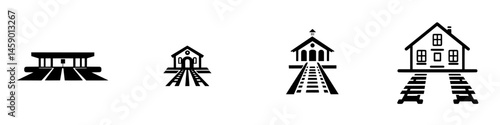 Icon collection featuring flat black symbols of train stations and tracks with various designs and structures