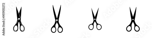 Flat black icon set of scissors in various orientations for design and graphics applications