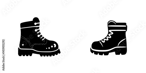Flat black hiking boot icons designed for outdoor activities, showcasing different styles suitable for rugged terrains