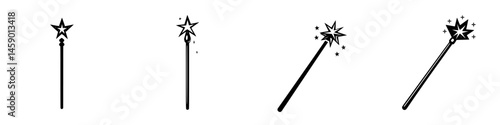 Flat black icon of a magic wand with sparkling stars, representing enchantment and fantasy themes commonly found in storytelling