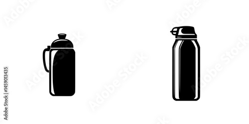 Flat black icons representing a water bottle and a spray can for creative design purposes