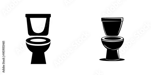 Simple flat black icon representing two different toilet designs, depicting variations in shape and style for restroom facilities
