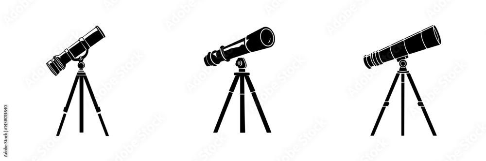 Multiple flat black telescope icons showcasing different designs and angles Multiple flat black telescope icons showcasing different designs and angles