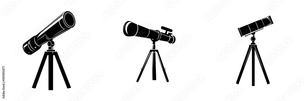 Multiple flat black telescope icons showcasing different styles and angles for observation and stargazing purposes Multiple flat black telescope icons showcasing different styles and angles for observation and stargazing purposes