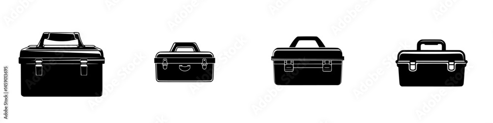 Collection of flat black toolboxes with varying sizes arranged in a row on a plain background for design purposes Collection of flat black toolboxes with varying sizes arranged in a row on a plain background for design purposes