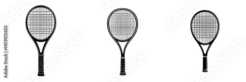 Illustration of three flat black tennis rackets designed for various styles