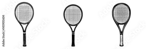Stylish flat black icons of tennis rackets in various designs for sports and fitness themes