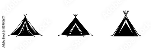Flat black icons depicting different tent designs suitable for camping and outdoor activities at various locations