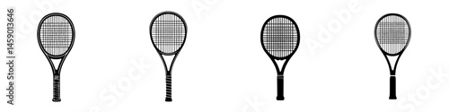 Flat black icons of tennis rackets displayed in a minimalistic design for sports and fitness applications