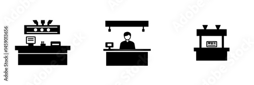Set of flat black icons representing different service points including a counter, a staff member, and a concession stand