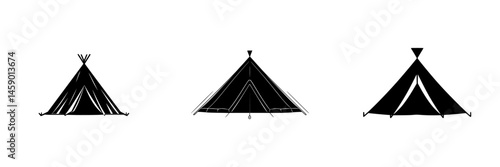 Flat black icon representing various tent designs in a minimalist style for outdoor and camping themes