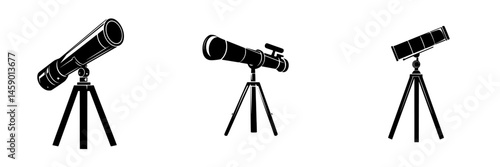 Multiple flat black telescope icons showcasing different styles and angles for observation and stargazing purposes