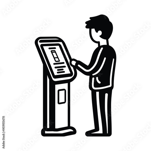Creating Outline Vector Kiosk User Illustration: Designing Simple Interactive Terminal Graphics with Person.

