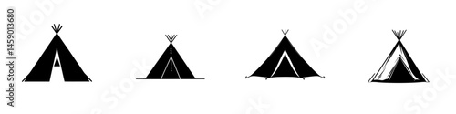 Various flat black icons of tents representing different designs and styles for outdoor camping and leisure activities