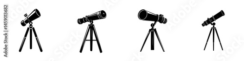 Black telescope icons representing astronomy tools suitable for stargazing or educational purposes in vector style