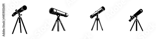 Flat black icons of various telescope designs suitable for astronomy enthusiasts and educational purposes