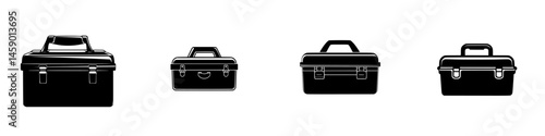 Collection of flat black toolboxes with varying sizes arranged in a row on a plain background for design purposes