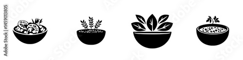 Collection of flat black icons depicting various bowls with plants and herbs for a minimalist design
