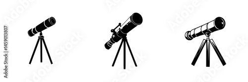 Different styles of telescopes presented in flat black icon design for educational and illustrative purposes in a simplistic manner