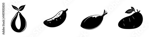 Collection of black flat icons representing various vegetables with simple designs suitable for graphic use