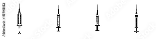 Collection of flat black syringe icons representing medical equipment for vaccination and injection purposes