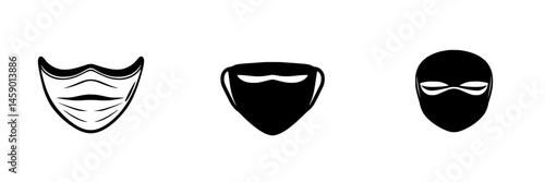 Various flat black icons of face coverings and masks representing different styles and uses in public health and safety contexts