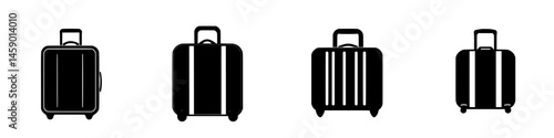 Icon set of flat black luggage designs showcasing different styles of suitcases for travel purposes