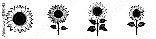 Collection of flat black sunflower icons showcasing various designs and arrangements for use in graphic projects