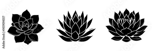 Minimalist flat black icons of various succulent plants arranged in a row for floral illustration or design use