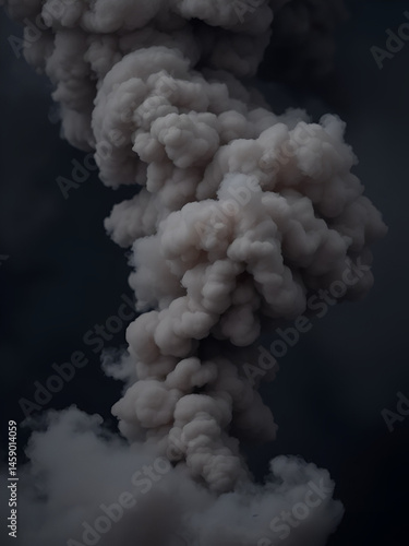 Dark plume of smoke billowing upwards with a sense of menace, turbulent movement, threatening vapor, upheaval