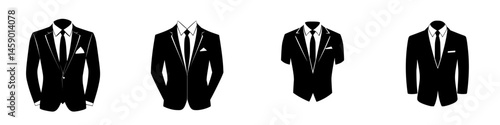 Various styles of formal black suits displayed in a flat black icon format showcasing elegant fashion options for occasions