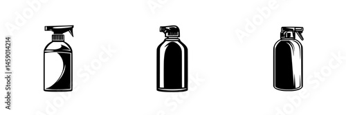 Black flat icons of spray bottles depicting various designs for cleaning and personal care products in simplistic style