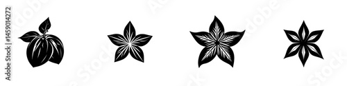 Flat black icon set featuring fruit and floral designs suitable for decorative purposes