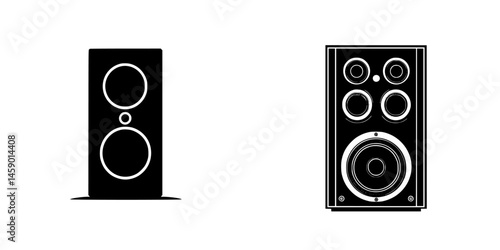 Flat black speaker icons representing modern audio equipment designs