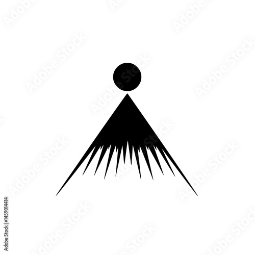 Stylized black icon featuring a mountain silhouette with a sun above and sharp rays extending outward