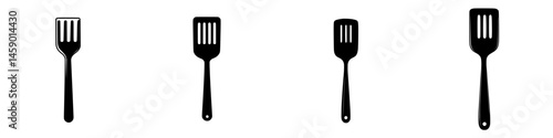 Flat black icons depicting various styles of cooking spatulas arranged from left to right in simple design
