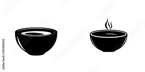 Flat black icons representing bowls, one with a steaming effect, suitable for culinary themes or cooking applications