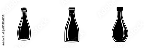 Collection of flat black condiment bottle icons in various shapes on a simple background