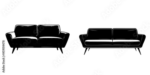 Two contrasting flat black couch icons showcasing modern design styles and furniture aesthetics for interior decor purposes
