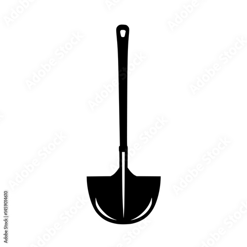 Icon of a flat black gardening shovel designed for various outdoor activities and tasks such as digging, planting, and landscaping