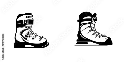 Two flat black icons of skiing boots designed for winter sports activities, representing different styles and purposes for snow adventures