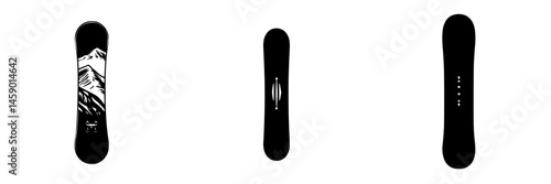 Black icon representing a snowboard design with mountain graphics and minimalistic style for winter sports enthusiasts