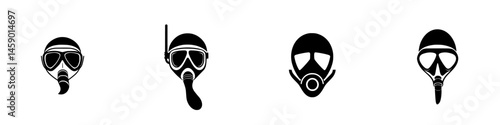 Diverse black icons representing various types of masks for diving and safety, showcasing distinct designs suitable for different uses