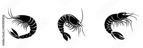 Flat black icon set of shrimp showcasing different angles and details for culinary or design purposes